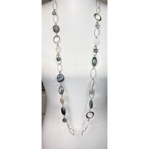 Long Silver Tone Link Necklace & Earrings Glass Beads Neutral‎ Modern Minimalist